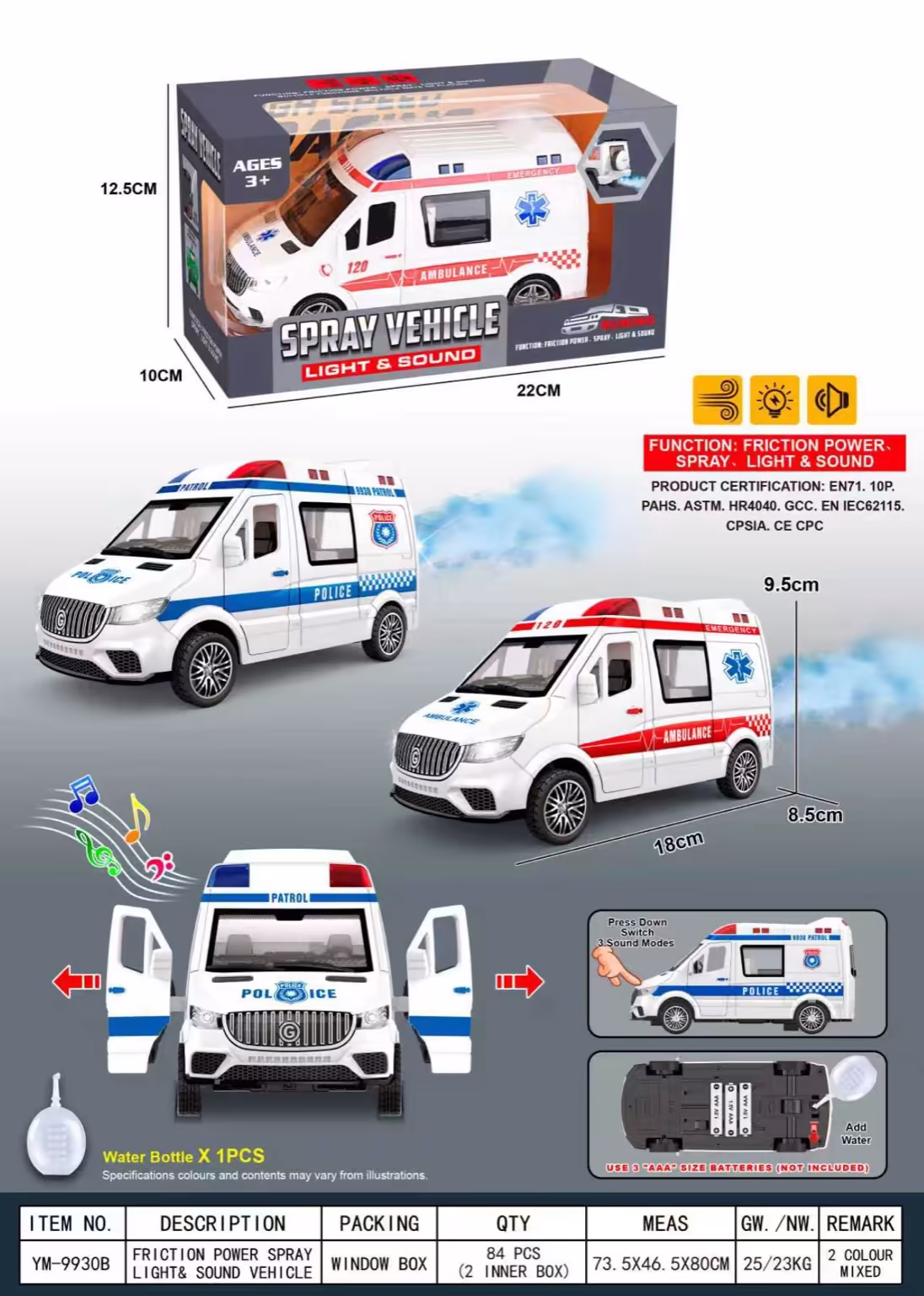 سيارة إسعاف للأطفال مع أضواء وأصوات – لعبة مؤثر بخار ضوئي احتكاكية