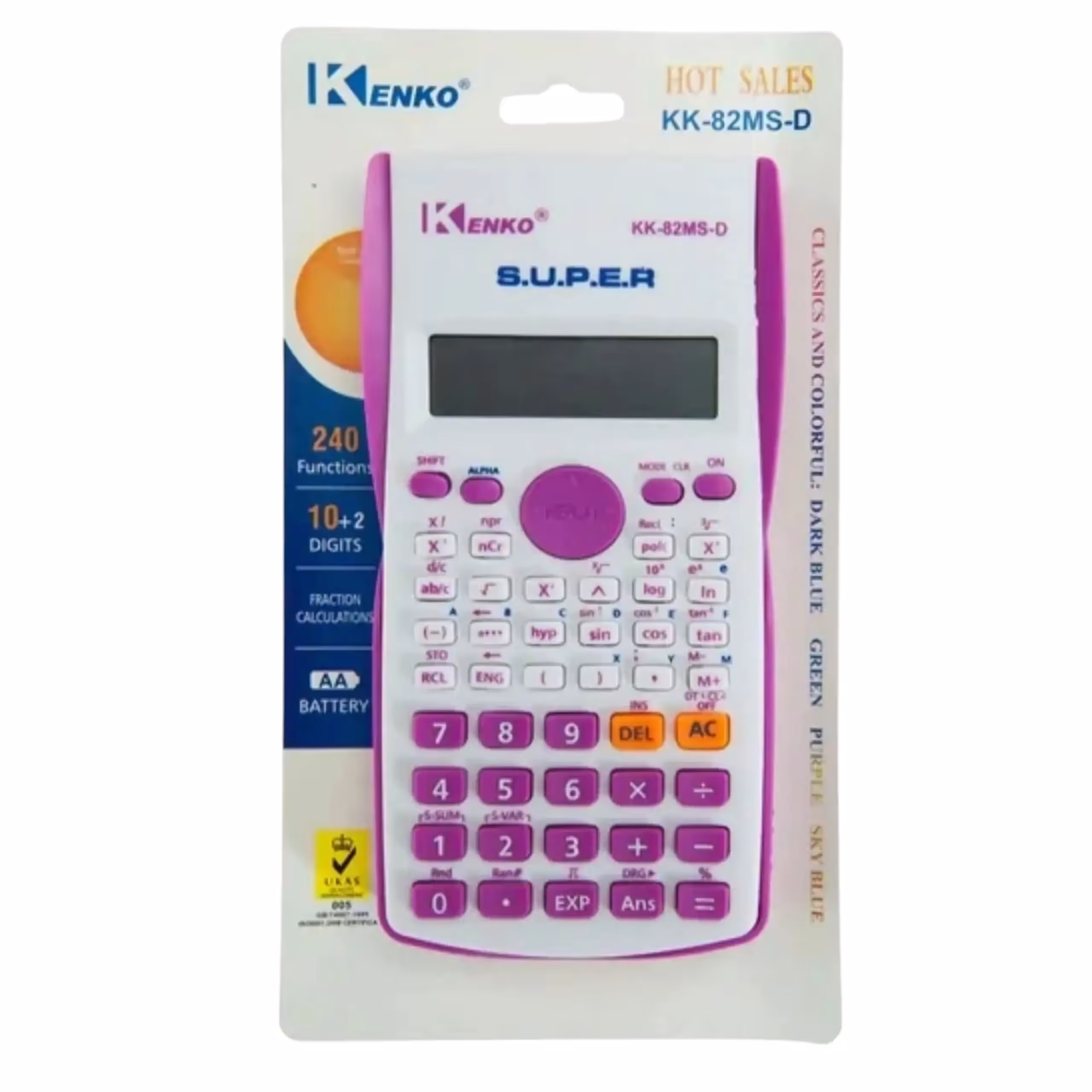 آلة حاسبة علمية  ( KK-82MS-B)  KENKO متعددة الوظائف – شاشة ذات سطرين، 240 وظيفة، 12 رقم، مثالية للطلاب والمكاتب والمدارس(زهري)